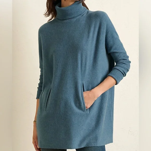 Garnet Hill Sweater Blue Wool Cashmere Oversized Turtleneck Pockets Casual MD - Picture 1 of 12